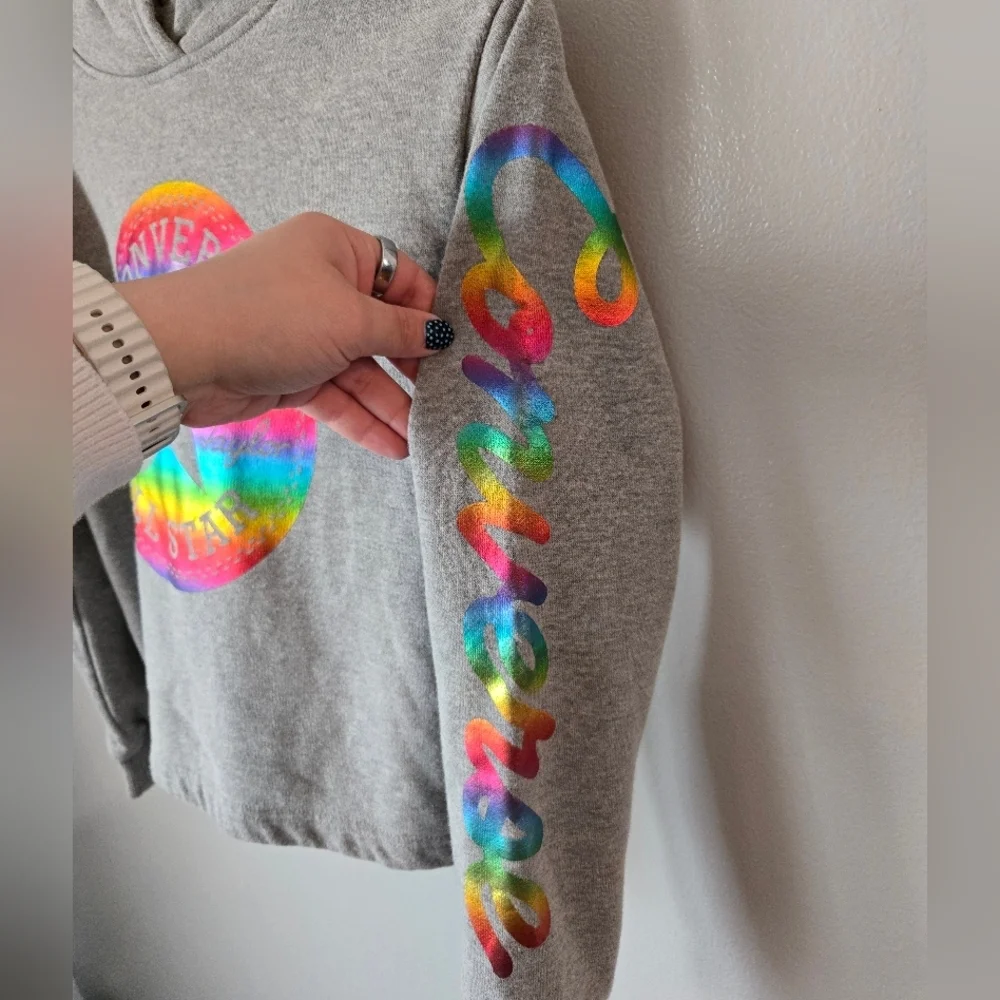 Converse Girls Bundle: 2 Gray Cropped Hoodies Size Large 12-13 Rainbow & Pastel